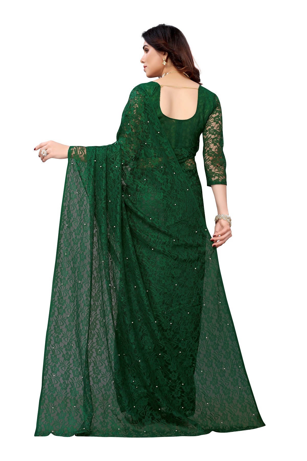 Vamika Ethnic Fire Green Pearls Net Saree - Distacart