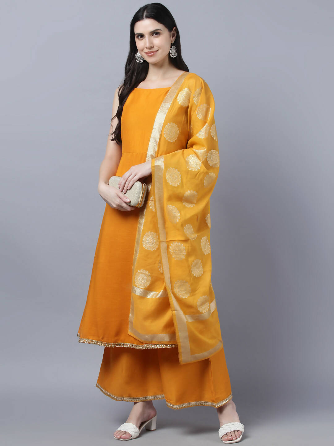Myshka Women Yellow Panelled Kurta with Palazzos With Dupatta - Distacart