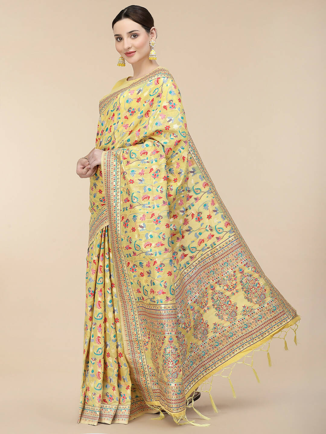 Yellow Silk Blend Woven Design Saree With Unstitched Blouse Piece - Aloki - Distacart