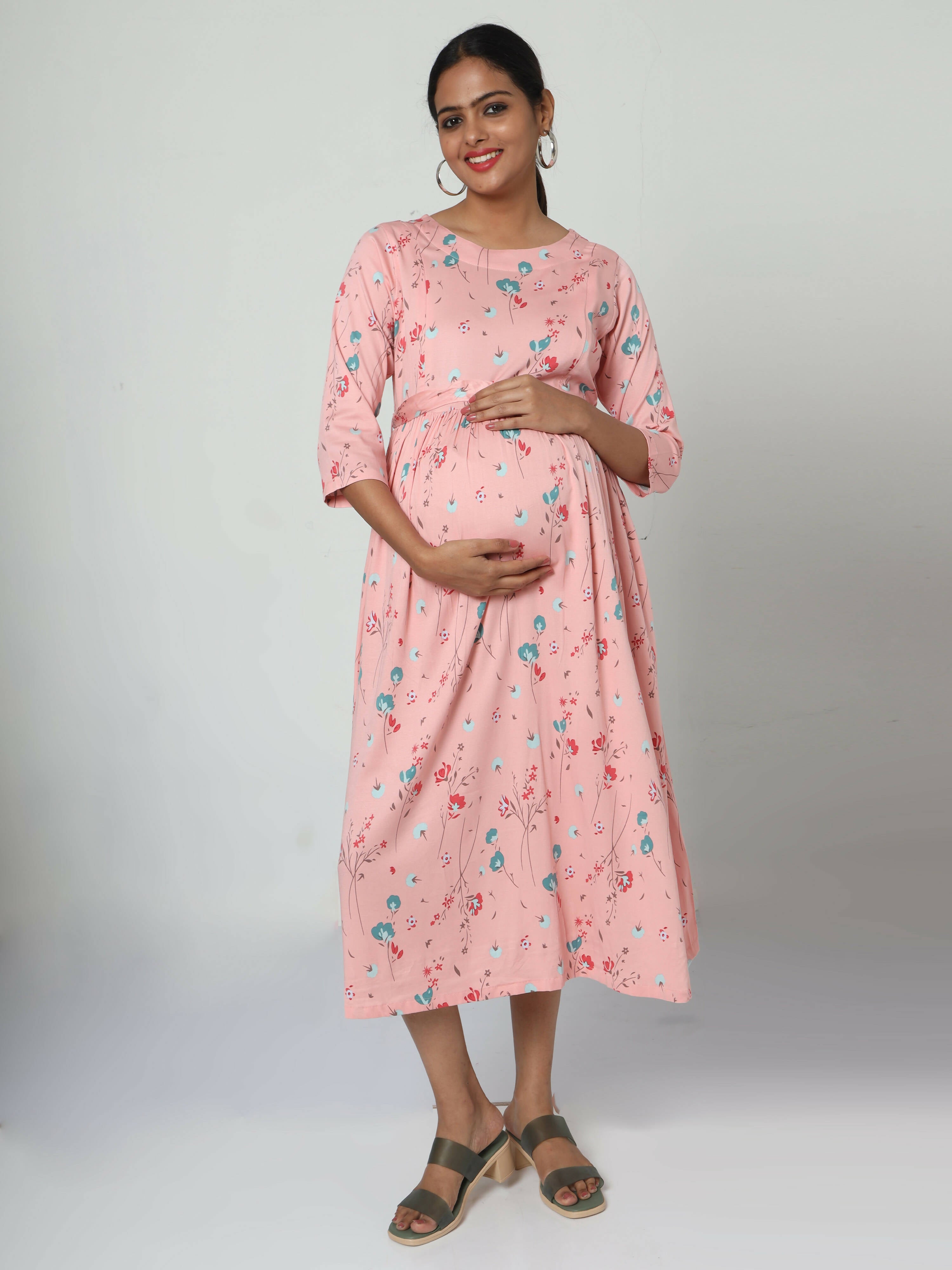 Manet Three Fourth Maternity Dress Floral Print With Concealed Zipper Nursing Access - Peach - Distacart