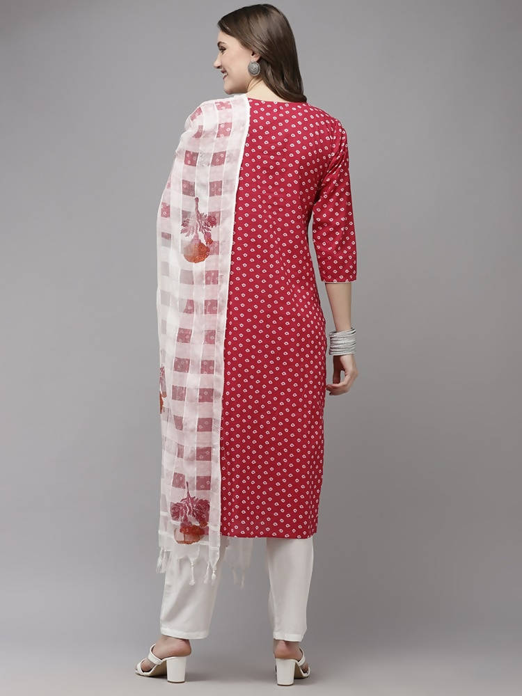 Yufta Women Pink And White Printed Kurta with Trouser & With Dupatta