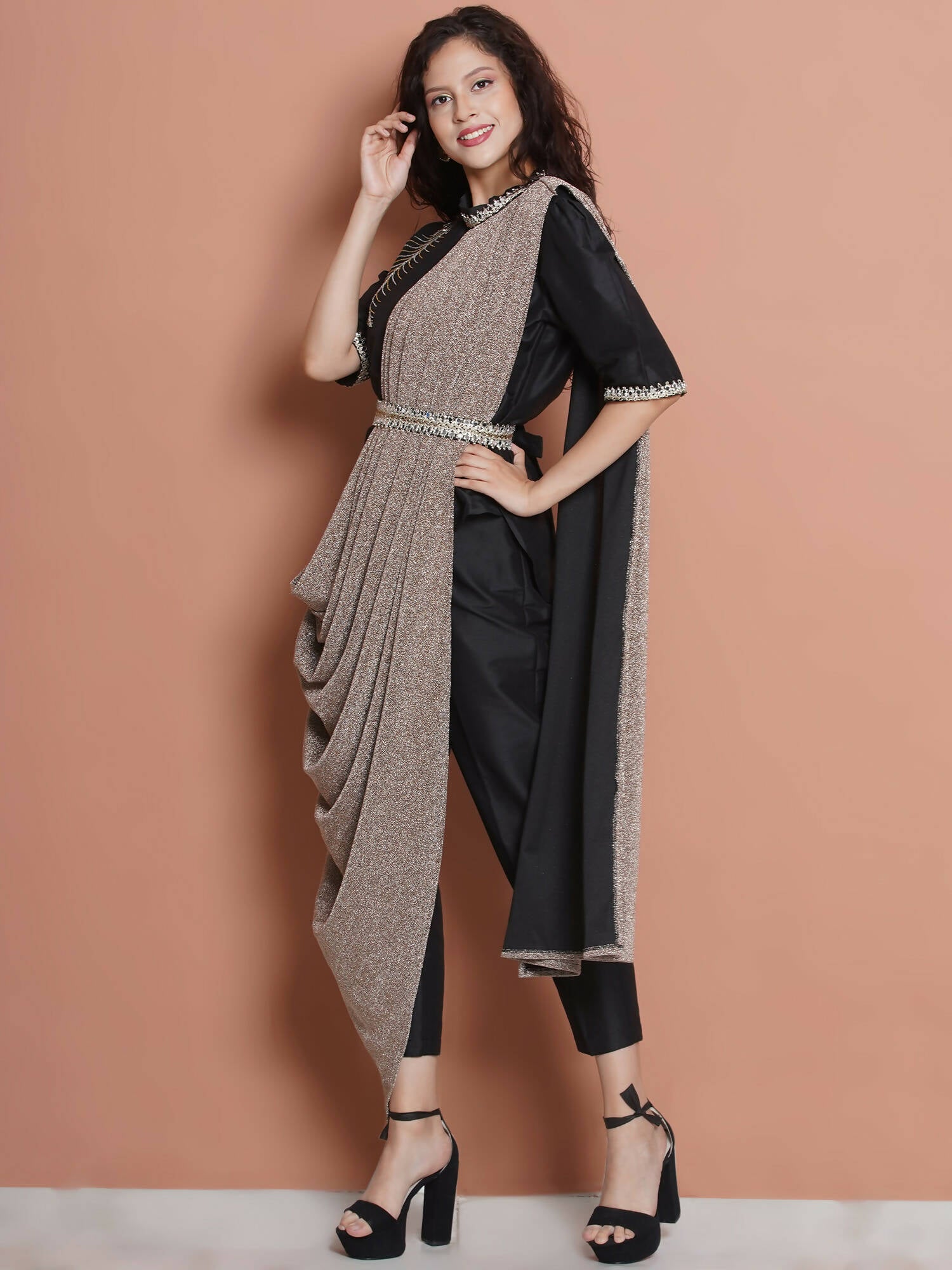 Women Republic Black Cotton Blended Set with Attached Drape - Distacart