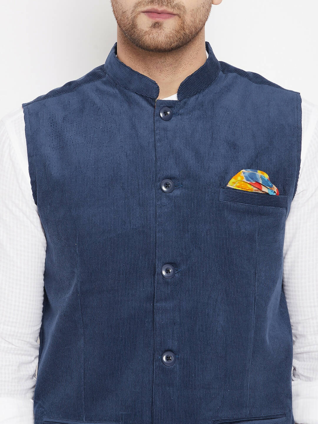 Even Apparels Blue Polyester Men's Nehru Jacket-Contrast Lining-Inbuilt Pocket Square - Distacart
