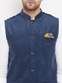 Thumbnail for Even Apparels Blue Polyester Men's Nehru Jacket-Contrast Lining-Inbuilt Pocket Square - Distacart