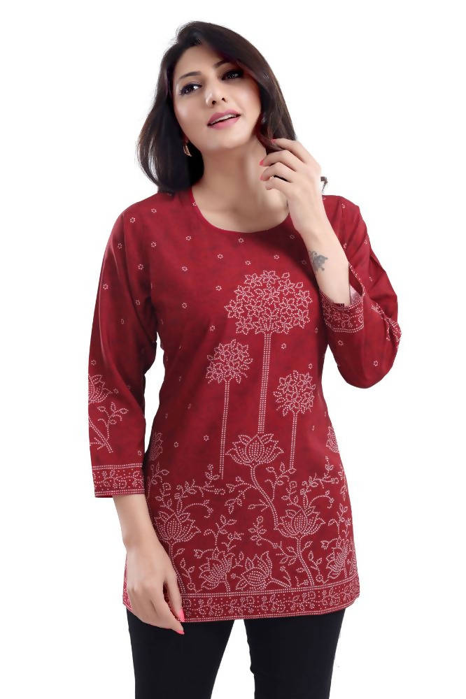 Snehal Creations Maroon Faux Crepe Printed Short Kurti Tunic Top