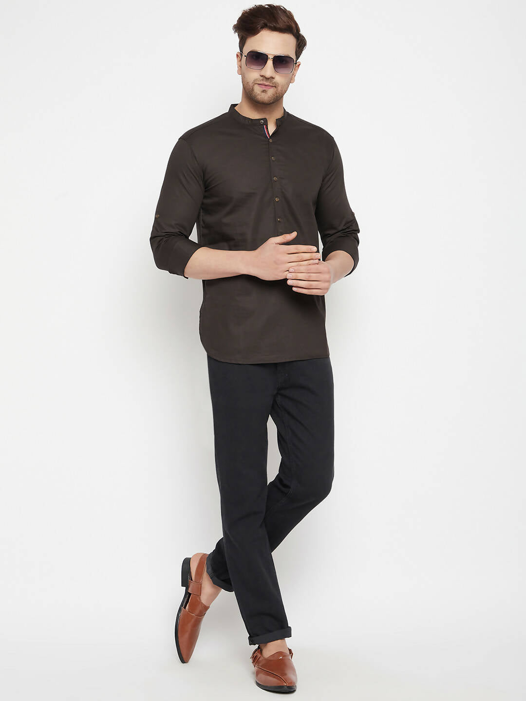 Even Apparels Brown Pure Cotton Long Men's Kurta With Band Collar - Distacart