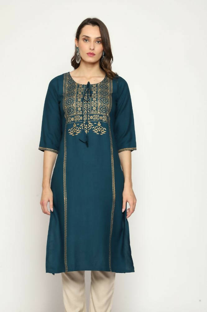 Maai Rayon Hand Printed Kurta Navy - Distacart