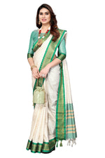 Thumbnail for Vamika Weaving White Cotton Silk Saree (DEVAL GREEN) - Distacart