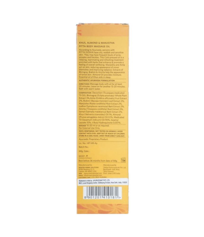 Mantra Herbal Khus, Almond and Manjistha Pitta Body Massage Oil - Distacart
