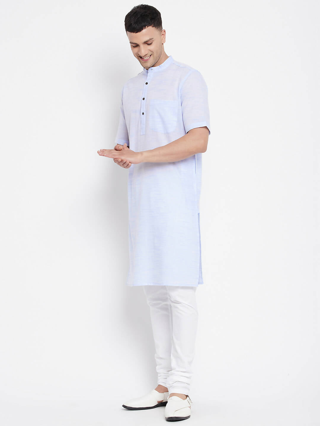 Even Apparels Blue Color Pure Cotton With Band Collar Men's H/S Kurta - Distacart