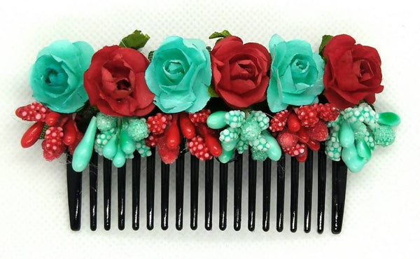 Light Green & Red Flower Hair comb