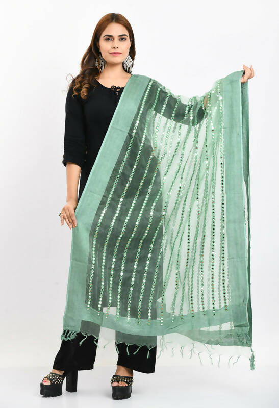 Mominos Fashion Moeza Women's Orgenza Mirror Stripe Thread Work Pista Green Dupatta - Distacart