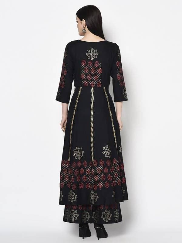Aniyah Rayon Black Color Block Print Anarkali Palazzo Set (AN-186K)