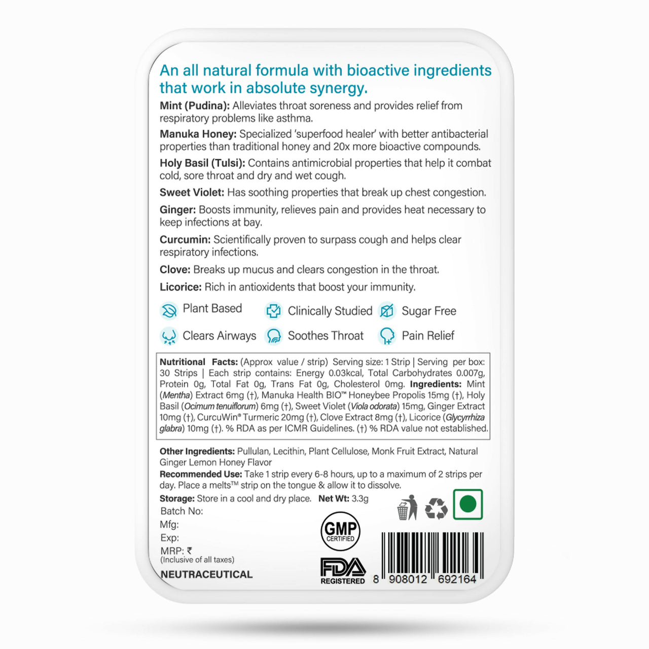 Wellbeing Nutrition Melts instant Throat Relief Oral Strips-Soothing Ginger Lemon Honey Flavor - Distacart