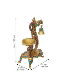 Thumbnail for eCraftIndia Gold Toned Peacock Shaped Traditional Brass Diya With Bell & Stand - Distacart