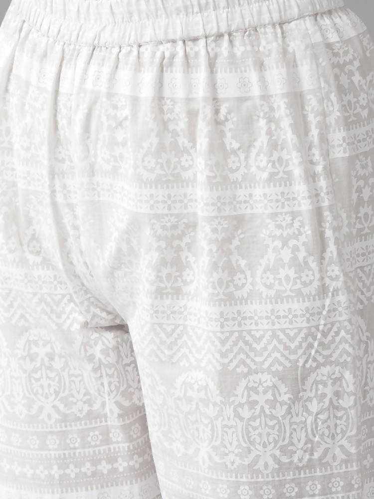 Yufta Pink and White Block Print A-line kurta with Palazzo & Dupatta Set