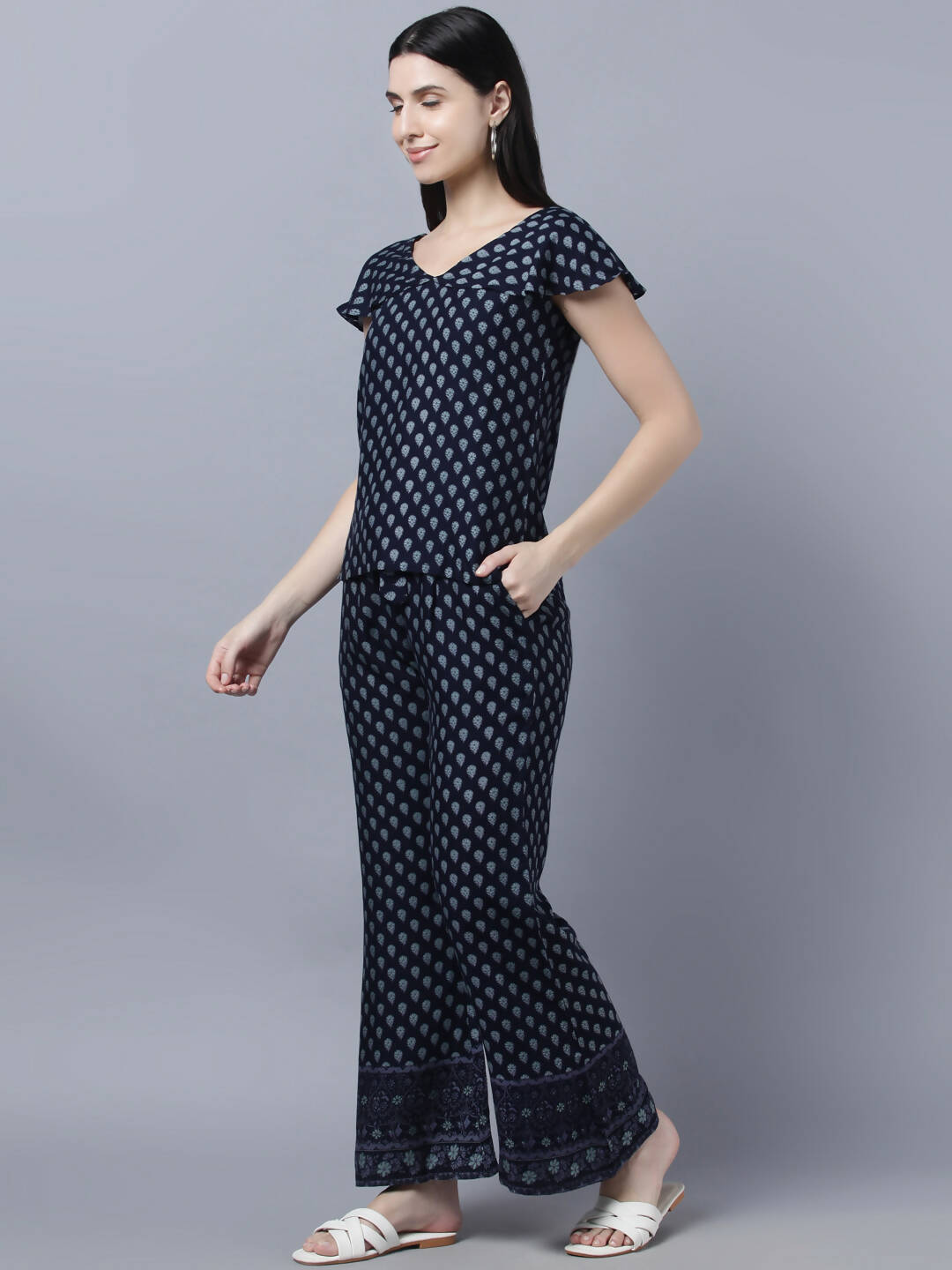 Myshka Women Navy Blue Ethnic Motifs Printed Pure Cotton Top with Palazzos - Distacart