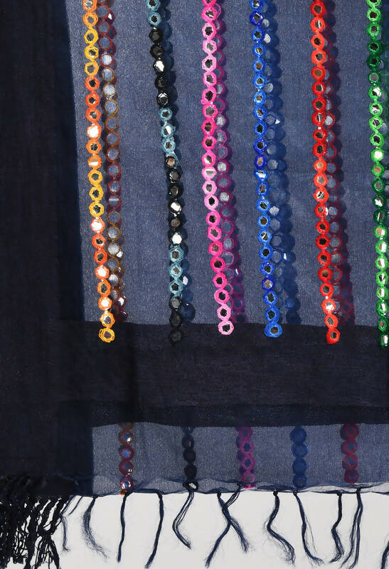 Mominos Fashion Moeza Women's Orgenza Multi Thread Mirror Work Navy Blue Dupatta - Distacart