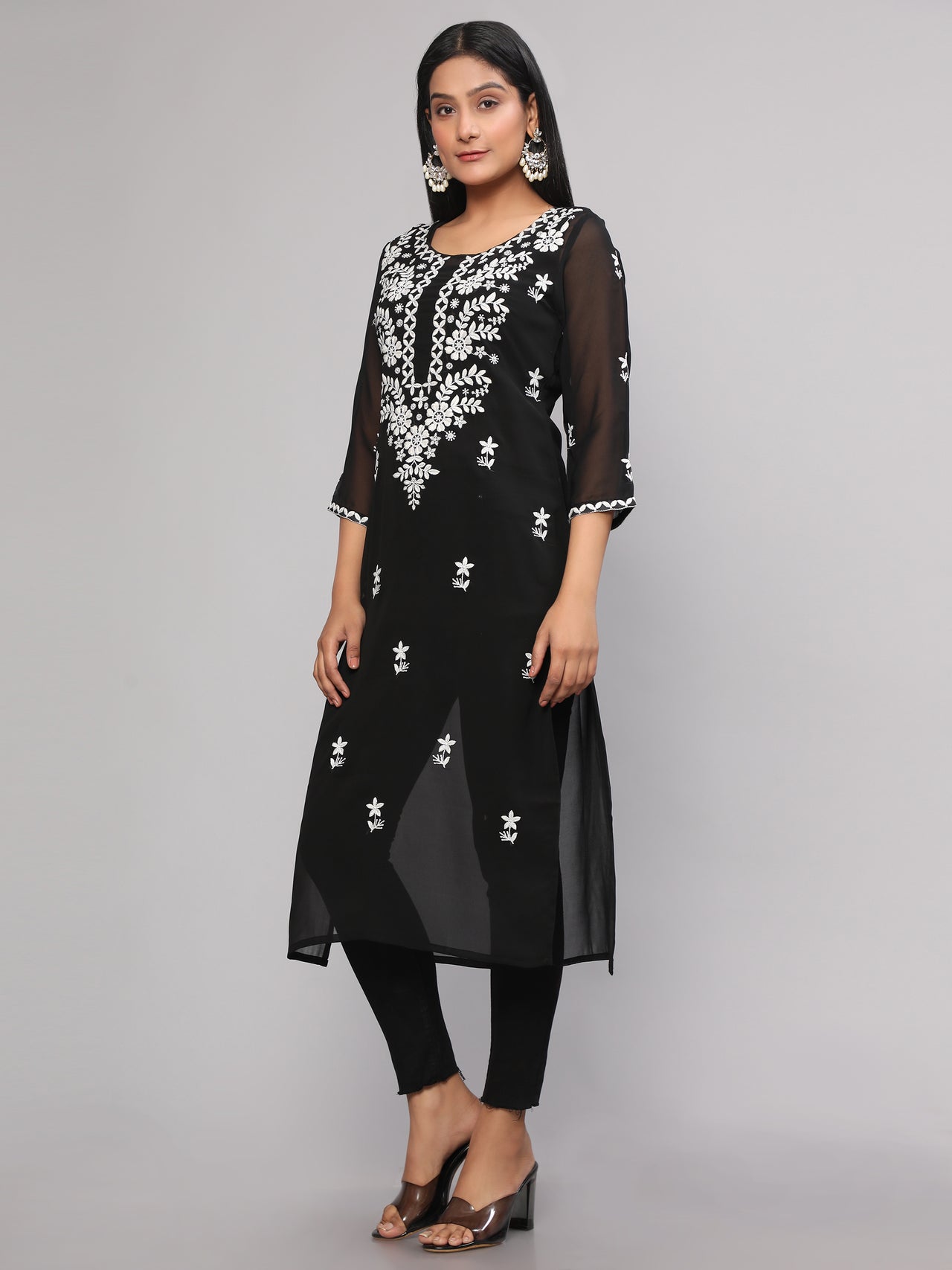 Malishka Women's Black Floral Chikankari Embroidery Georgette Casual Kurta - Black - Distacart