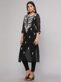 Thumbnail for Malishka Women's Black Floral Chikankari Embroidery Georgette Casual Kurta - Black - Distacart