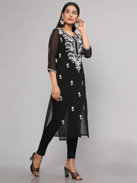 Thumbnail for Malishka Women's Black Floral Chikankari Embroidery Georgette Casual Kurta - Black - Distacart