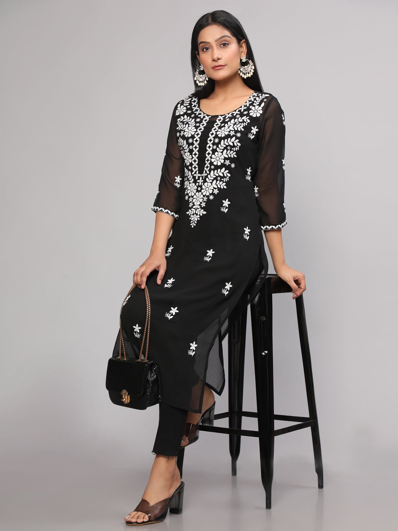 Malishka Women's Black Floral Chikankari Embroidery Georgette Casual Kurta - Black - Distacart