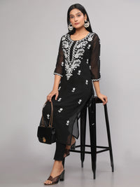 Thumbnail for Malishka Women's Black Floral Chikankari Embroidery Georgette Casual Kurta - Black - Distacart