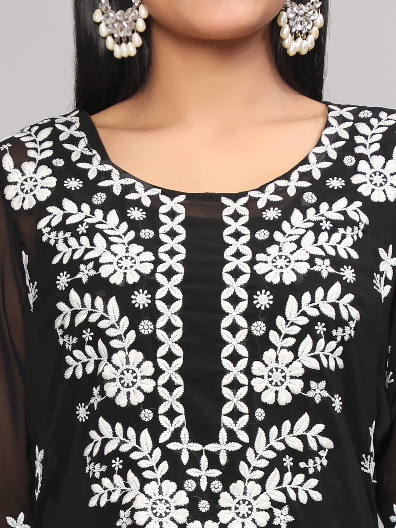Malishka Women's Black Floral Chikankari Embroidery Georgette Casual Kurta - Black - Distacart