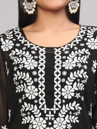 Thumbnail for Malishka Women's Black Floral Chikankari Embroidery Georgette Casual Kurta - Black - Distacart