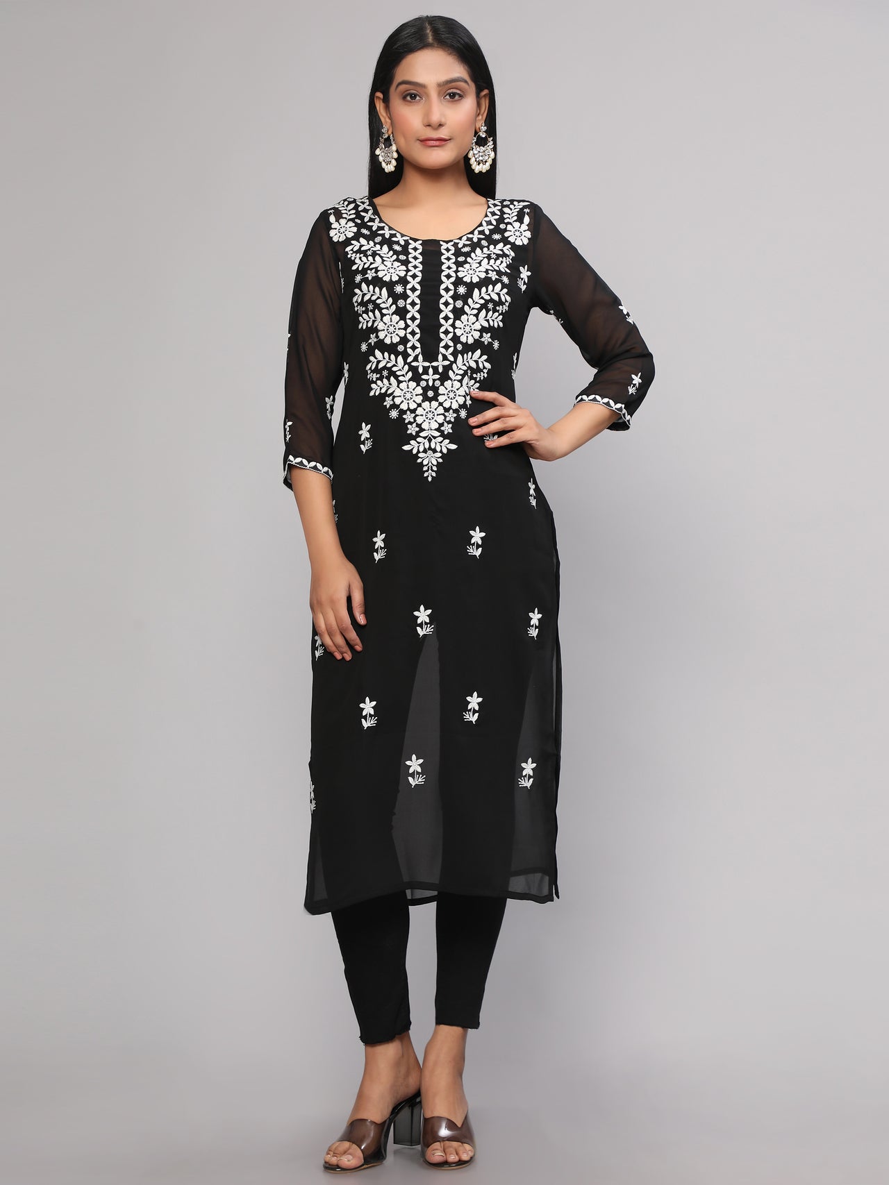 Malishka Women's Black Floral Chikankari Embroidery Georgette Casual Kurta - Black - Distacart