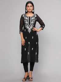 Thumbnail for Malishka Women's Black Floral Chikankari Embroidery Georgette Casual Kurta - Black - Distacart
