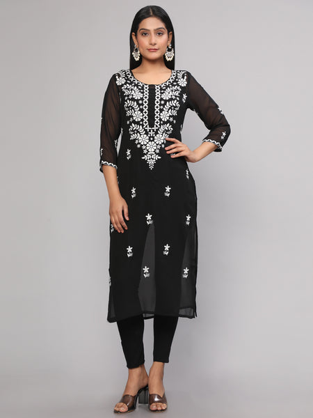 Malishka Women's Black Floral Chikankari Embroidery Georgette Casual Kurta - Black - Distacart