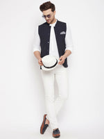 Thumbnail for Even Apparels Navy Merino Men's Nehru Jacket-Contrast Lining-Inbuilt Pocket Square - Distacart