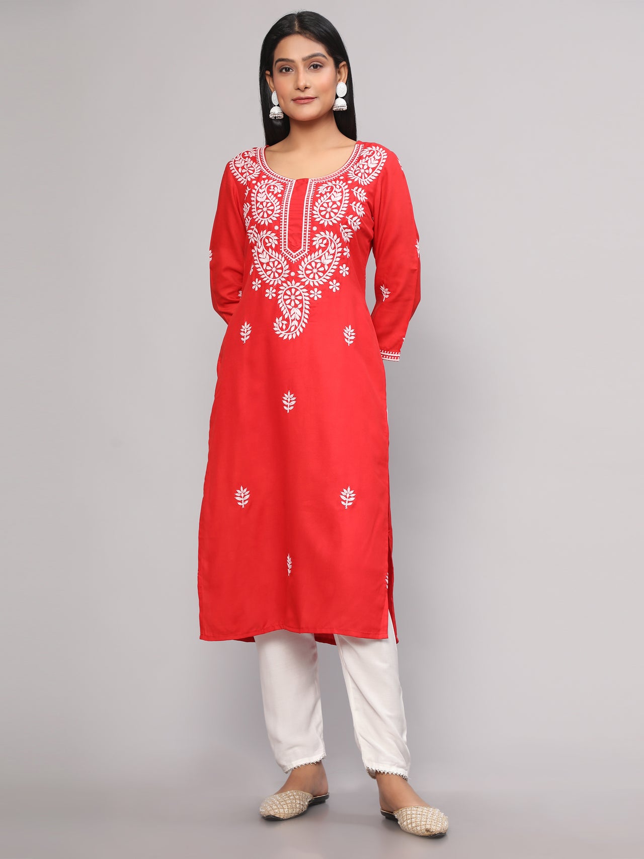 Malishka Women's Red Embroidered Georgette Straight Chikankari Kurta - Red - Distacart