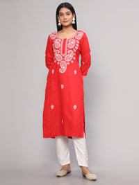 Thumbnail for Malishka Women's Red Embroidered Georgette Straight Chikankari Kurta - Red - Distacart