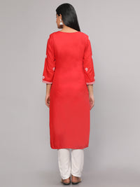 Thumbnail for Malishka Women's Red Embroidered Georgette Straight Chikankari Kurta - Red - Distacart