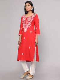 Thumbnail for Malishka Women's Red Embroidered Georgette Straight Chikankari Kurta - Red - Distacart