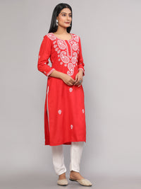 Thumbnail for Malishka Women's Red Embroidered Georgette Straight Chikankari Kurta - Red - Distacart