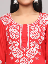 Thumbnail for Malishka Women's Red Embroidered Georgette Straight Chikankari Kurta - Red - Distacart