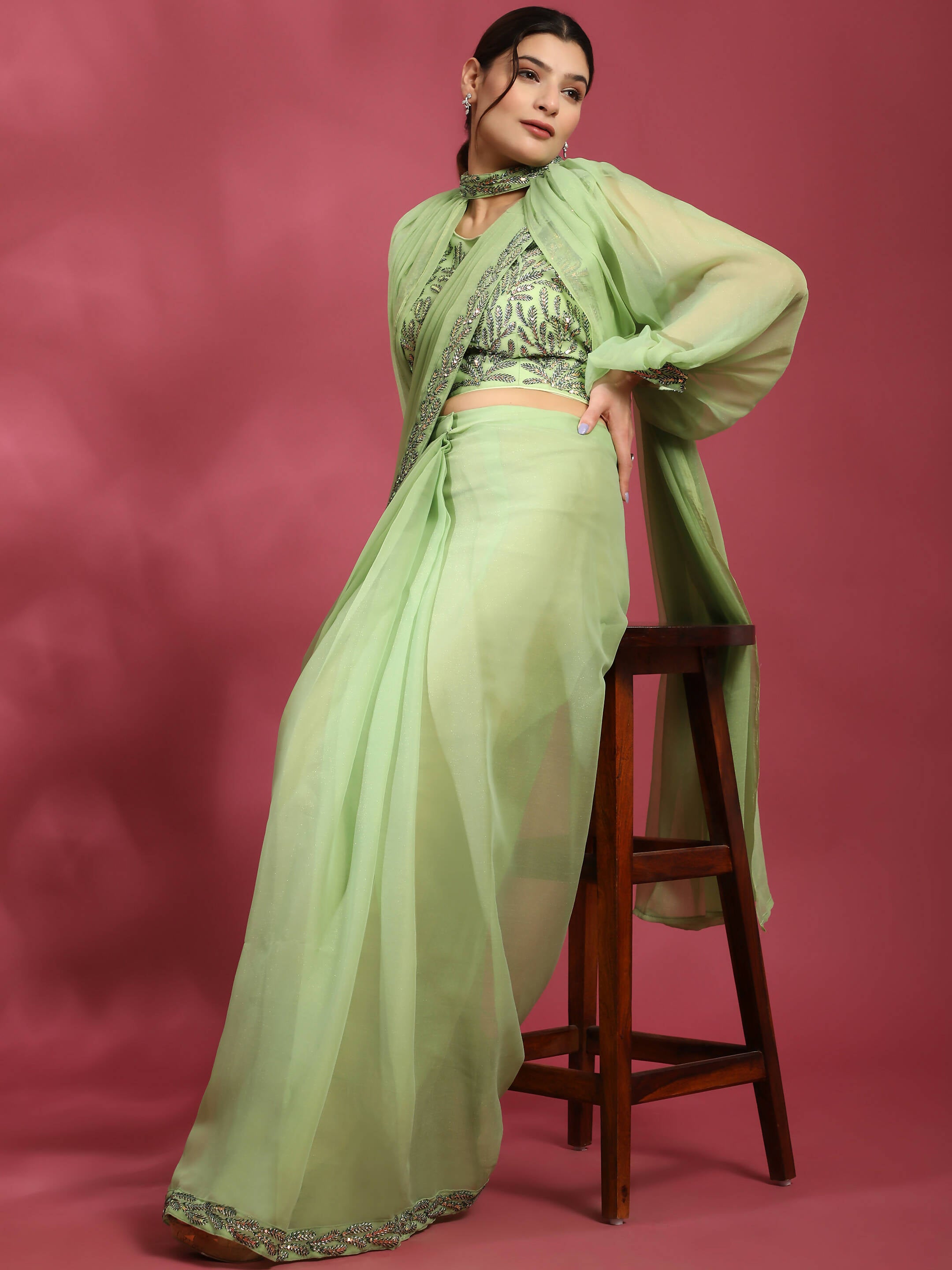 Green Fancy Pure Fabric Plain Ready to wear Saree with stitched Blouse - Vrinda - Distacart