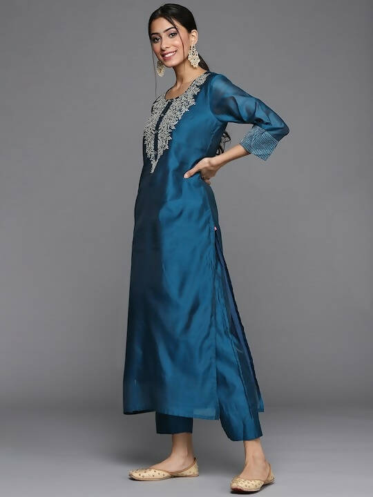 Varanga Women Teal Blue & Silver Zari Yoke Straight Kurta with Trousers & With Dupatta - Distacart
