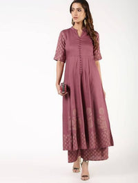 Thumbnail for Aniyah Rayon Block Print Anarkali Flared Kurta With Palazzo Set Dusty Pink (AN-156K)
