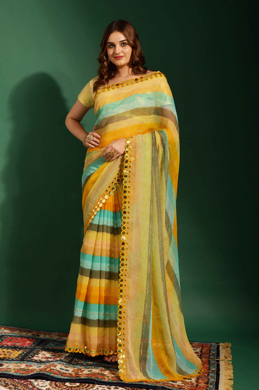 Malishka Women's Yellow Laheriya Printed, Zari Work & Lace Boarder Chiffon Saree With Unstitched Blouse - Distacart