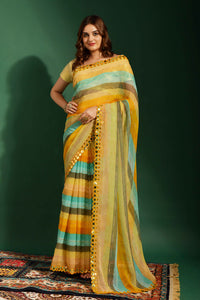 Thumbnail for Malishka Women's Yellow Laheriya Printed, Zari Work & Lace Boarder Chiffon Saree With Unstitched Blouse - Distacart