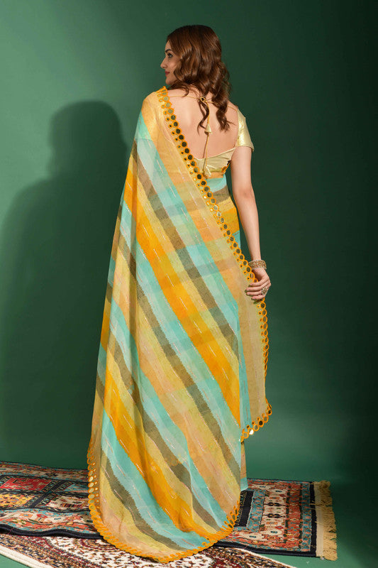 Malishka Women's Yellow Laheriya Printed, Zari Work & Lace Boarder Chiffon Saree With Unstitched Blouse - Distacart