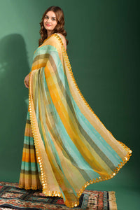 Thumbnail for Malishka Women's Yellow Laheriya Printed, Zari Work & Lace Boarder Chiffon Saree With Unstitched Blouse - Distacart