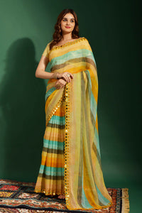 Thumbnail for Malishka Women's Yellow Laheriya Printed, Zari Work & Lace Boarder Chiffon Saree With Unstitched Blouse - Distacart