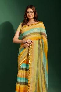 Thumbnail for Malishka Women's Yellow Laheriya Printed, Zari Work & Lace Boarder Chiffon Saree With Unstitched Blouse - Distacart