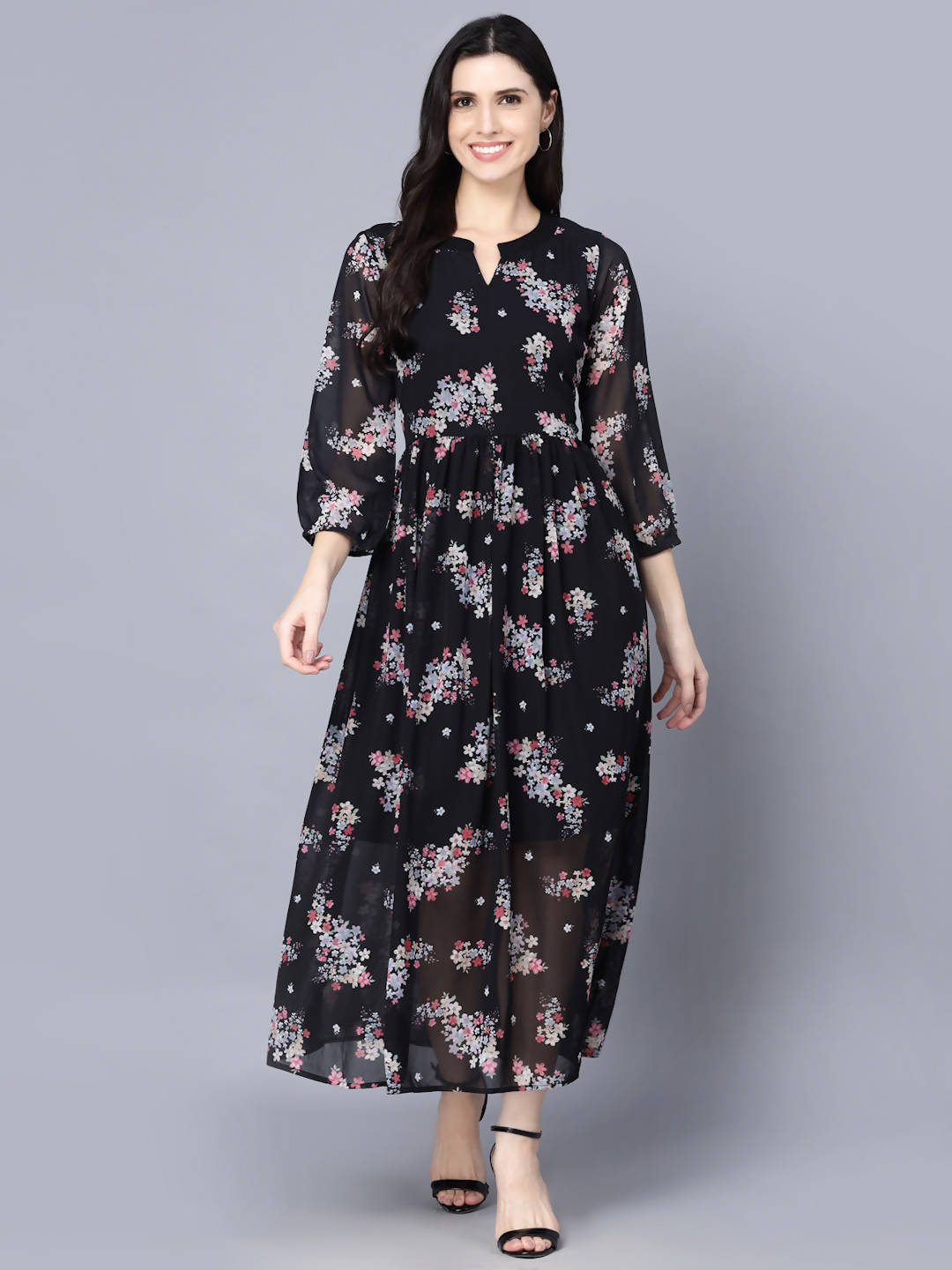 Myshka Black Floral Keyhole Neck Georgette Maxi Dress - Distacart