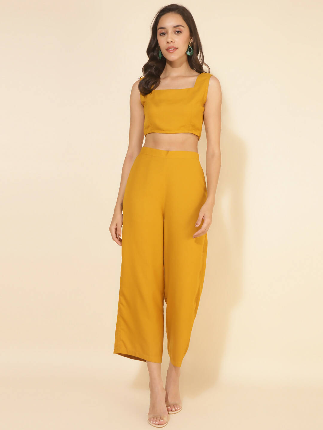 Janasya Women's Mustard Moss Solid Festive Crop Top Set - Distacart